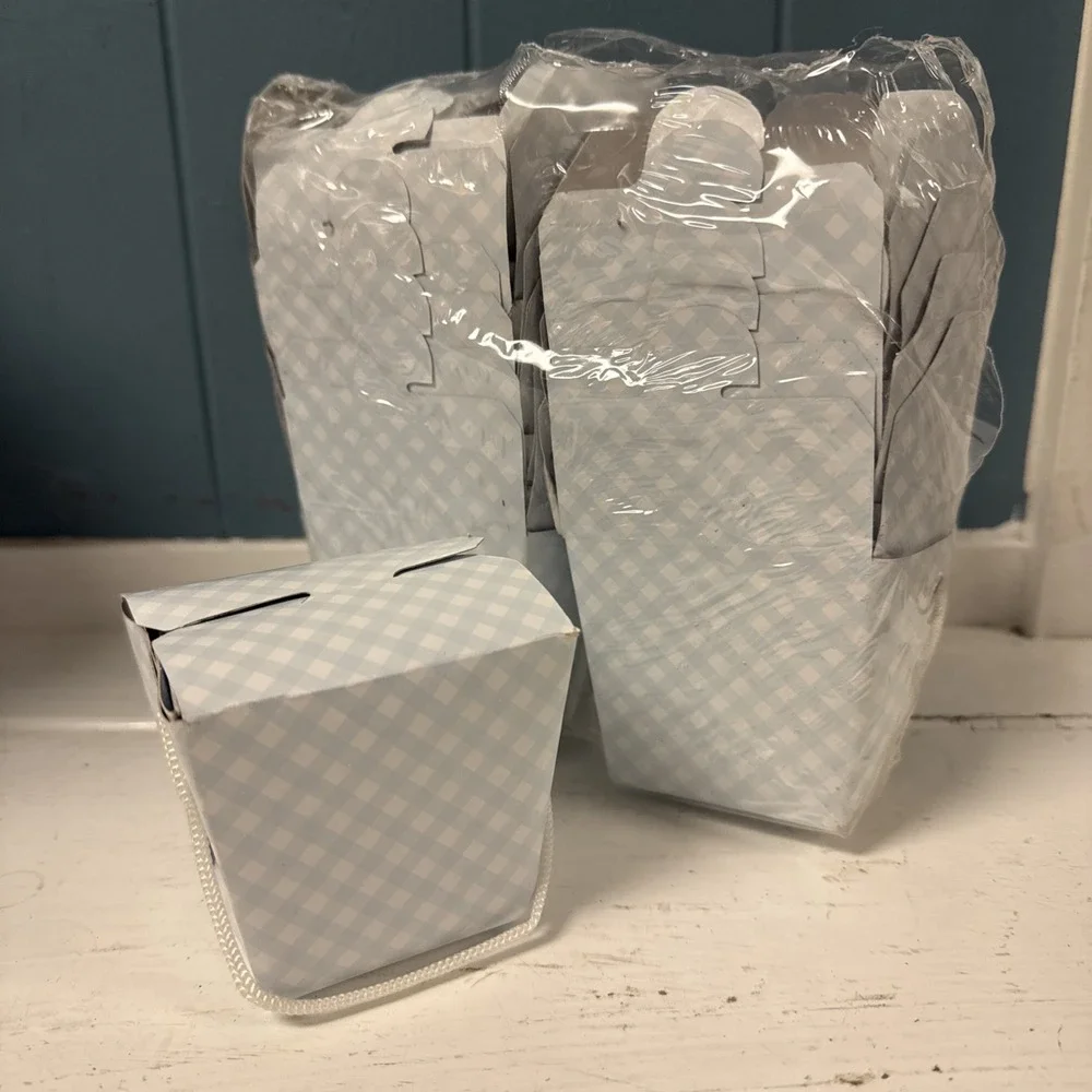 12 Mini‎ Take Out Boxes Gingham L. Blue White Check W/ Handle Goody Party Favor